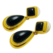Load image into Gallery viewer, MONET signed vintage gold black lucite dangle designer runway earrings
