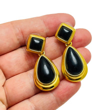 Load image into Gallery viewer, MONET signed vintage gold black lucite dangle designer runway earrings
