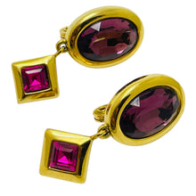 Load image into Gallery viewer, MONET signed vintage gold tone glass designer clip on drop earrings
