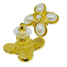 Load image into Gallery viewer, MONET signed vintage gold tone pearl Maltese cross designer pierced earrings
