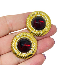 Load image into Gallery viewer, MONET signed vintage gold tone red glass designer clip on earrings
