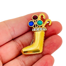 Load image into Gallery viewer, MONET signed vintage gold tone rhinestone Christmas stocking designer brooch
