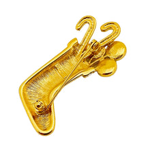 Load image into Gallery viewer, MONET signed vintage gold tone rhinestone Christmas stocking designer brooch
