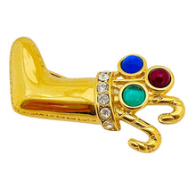 Load image into Gallery viewer, MONET signed vintage gold tone rhinestone Christmas stocking designer brooch
