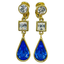Load image into Gallery viewer, MONET signed vintage gold tone sapphire glass designer clip on dangle earrings
