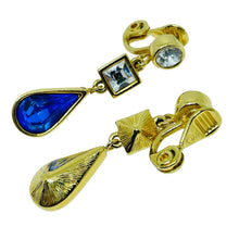 Load image into Gallery viewer, MONET signed vintage gold tone sapphire glass designer clip on dangle earrings
