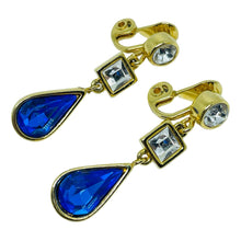 Load image into Gallery viewer, MONET signed vintage gold tone sapphire glass designer clip on dangle earrings
