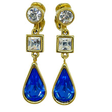 Load image into Gallery viewer, MONET signed vintage gold tone sapphire glass designer clip on dangle earrings
