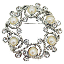 Load image into Gallery viewer, MONET signed vintage silver rhinestones pearls designer brooch
