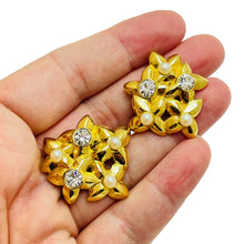 Load image into Gallery viewer, MONET vintage gold tone pearl rhinestones designer clip on earrings
