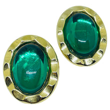 Load image into Gallery viewer, PAOLO GUCCI signed vintage gold tone emerald green glass designer clip on earrin
