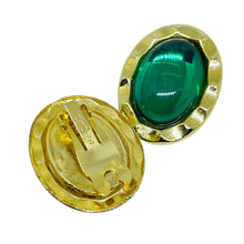 Load image into Gallery viewer, PAOLO GUCCI signed vintage gold tone emerald green glass designer clip on earrin
