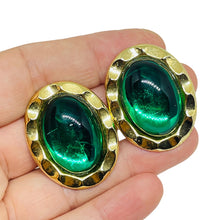 Load image into Gallery viewer, PAOLO GUCCI signed vintage gold tone emerald green glass designer clip on earrin
