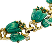 Load image into Gallery viewer, Vintage gold molded lucite green flower bracelet

