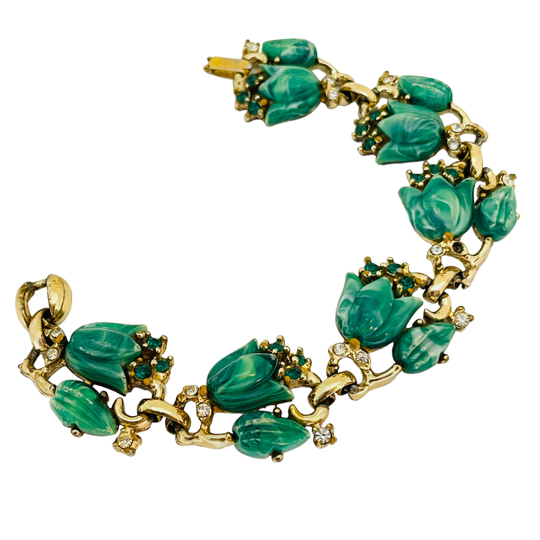 Vintage gold molded lucite green flower bracelet