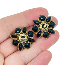 Load image into Gallery viewer, ST. JOHN signed vintage gold tone logo black enamel designer clip earrings
