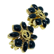 Load image into Gallery viewer, ST. JOHN signed vintage gold tone logo black enamel designer clip earrings
