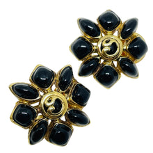 Load image into Gallery viewer, ST. JOHN signed vintage gold tone logo black enamel designer clip earrings
