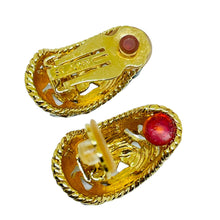 Load image into Gallery viewer, ST. JOHN signed vintage gold tone logo green enamel designer clip earrings
