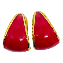 Load image into Gallery viewer, ST. JOHN signed vintage gold tone logo red enamel designer clip earrings
