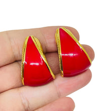 Load image into Gallery viewer, ST. JOHN signed vintage gold tone logo red enamel designer clip earrings
