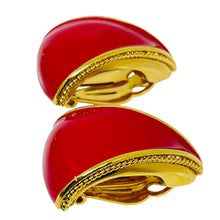 Load image into Gallery viewer, ST. JOHN signed vintage gold tone logo red enamel designer clip earrings
