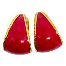 Load image into Gallery viewer, ST. JOHN signed vintage gold tone logo red enamel designer clip earrings
