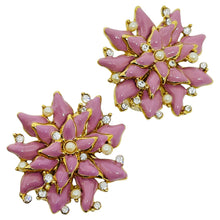 Load image into Gallery viewer, ST. JOHN signed vintage gold tone pink enamel rhinestone designer clip earrings
