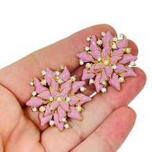 Load image into Gallery viewer, ST. JOHN signed vintage gold tone pink enamel rhinestone designer clip earrings
