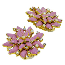 Load image into Gallery viewer, ST. JOHN signed vintage gold tone pink enamel rhinestone designer clip earrings
