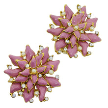 Load image into Gallery viewer, ST. JOHN signed vintage gold tone pink enamel rhinestone designer clip earrings
