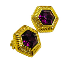 Load image into Gallery viewer, SWAROVSKI signed gold amethyst crystal designer runway clip on earrings
