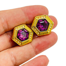 Load image into Gallery viewer, SWAROVSKI signed gold amethyst crystal designer runway clip on earrings
