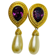 Load image into Gallery viewer, SWAROVSKI signed gold amethyst crystal pearl designer earrings
