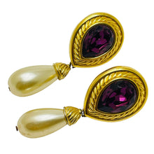 Load image into Gallery viewer, SWAROVSKI signed gold amethyst crystal pearl designer earrings
