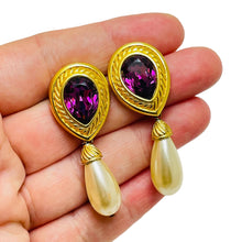 Load image into Gallery viewer, SWAROVSKI signed gold amethyst crystal pearl designer earrings
