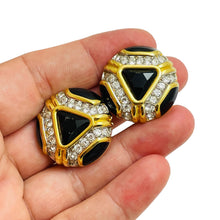 Load image into Gallery viewer, SWAROVSKI signed gold plated black crystals designer runway clip on earrings
