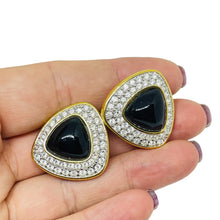 Load image into Gallery viewer, SWAROVSKI swan logo signed vintage gold plated crystal designer clip on earrings
