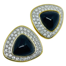 Load image into Gallery viewer, SWAROVSKI swan logo signed vintage gold plated crystal designer clip on earrings
