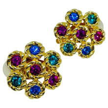 Load image into Gallery viewer, SWAROVSKI swan signed gold plated crystals flower designer clip on earrings
