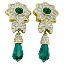 Load image into Gallery viewer, SWAROVSKI swan signed gold plated emerald crystal drop designer clip on earrings

