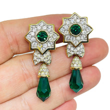 Load image into Gallery viewer, SWAROVSKI swan signed gold plated emerald crystal drop designer clip on earrings
