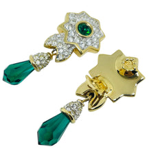 Load image into Gallery viewer, SWAROVSKI swan signed gold plated emerald crystal drop designer clip on earrings
