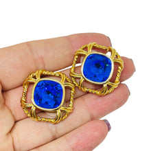 Load image into Gallery viewer, SWAROVSKI swan signed gold plated sapphire crystal designer 80's post earrings
