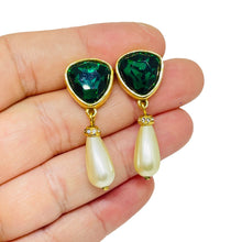Load image into Gallery viewer, SWAROVSKI swan signed vintage gold. plated emerald crystal drop pearl earrings
