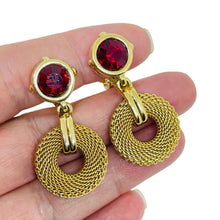 Load image into Gallery viewer, SWAROVSKI vintage gold plated red crystal dangle designer clip on earrings
