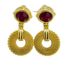 Load image into Gallery viewer, SWAROVSKI vintage gold plated red crystal dangle designer clip on earrings
