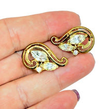 Load image into Gallery viewer, TRIFARI crown gold tone rhinestone designer clip on earrings
