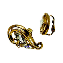 Load image into Gallery viewer, TRIFARI crown gold tone rhinestone designer clip on earrings
