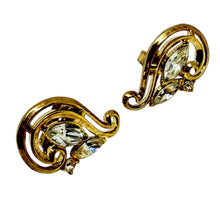 Load image into Gallery viewer, TRIFARI crown gold tone rhinestone designer clip on earrings
